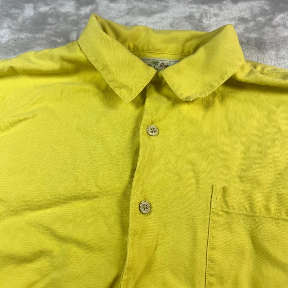 Tommy Bahama Mens Med Silk Button Up Shirt Yellow Herringbone Camp Short Sleeve